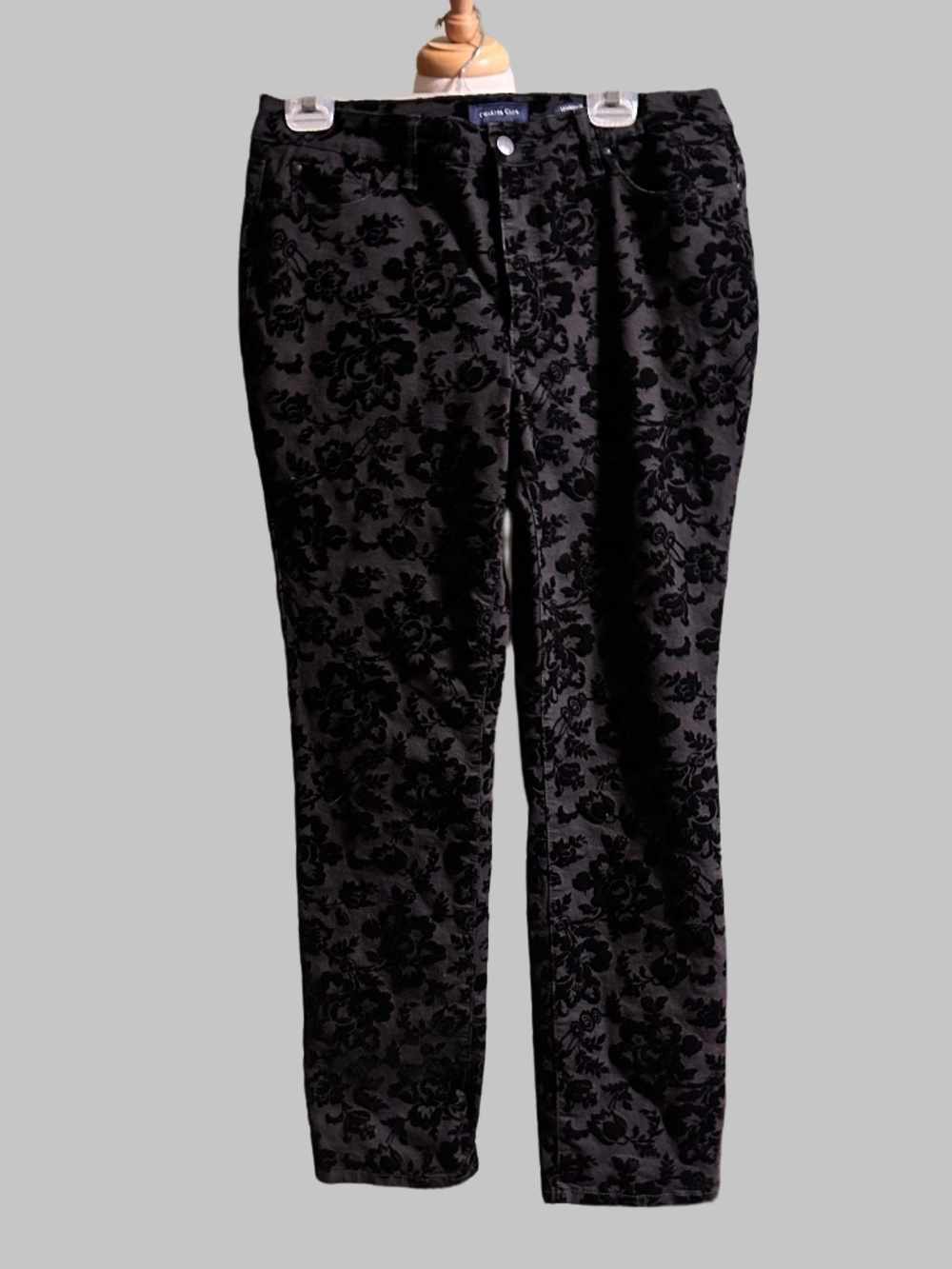 Charter Club Black Velvet Floral Flocked Straight Leg Pants Size 12